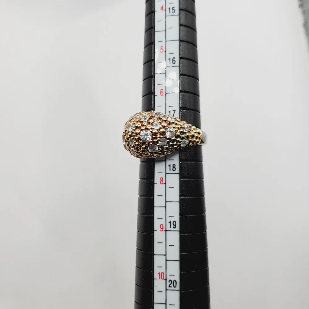 Genuine Round White Topaz 925 Sterling Silver - Gold Bubble Dome Flower Ring